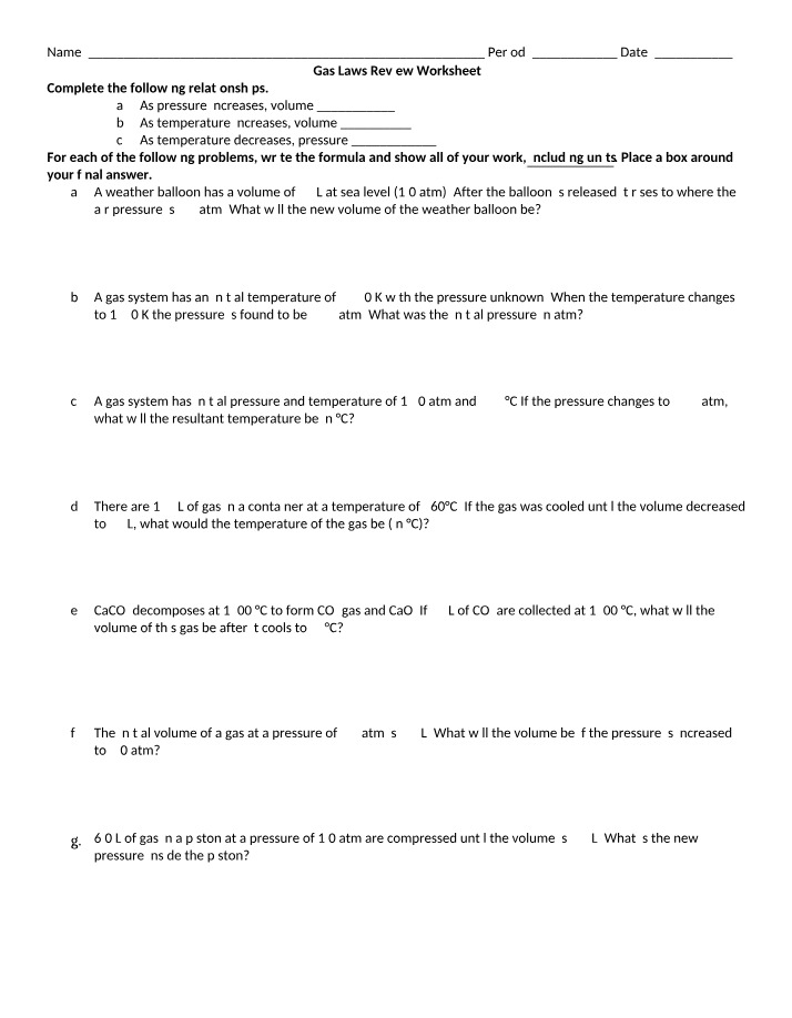 Review Worksheet for Gas Laws