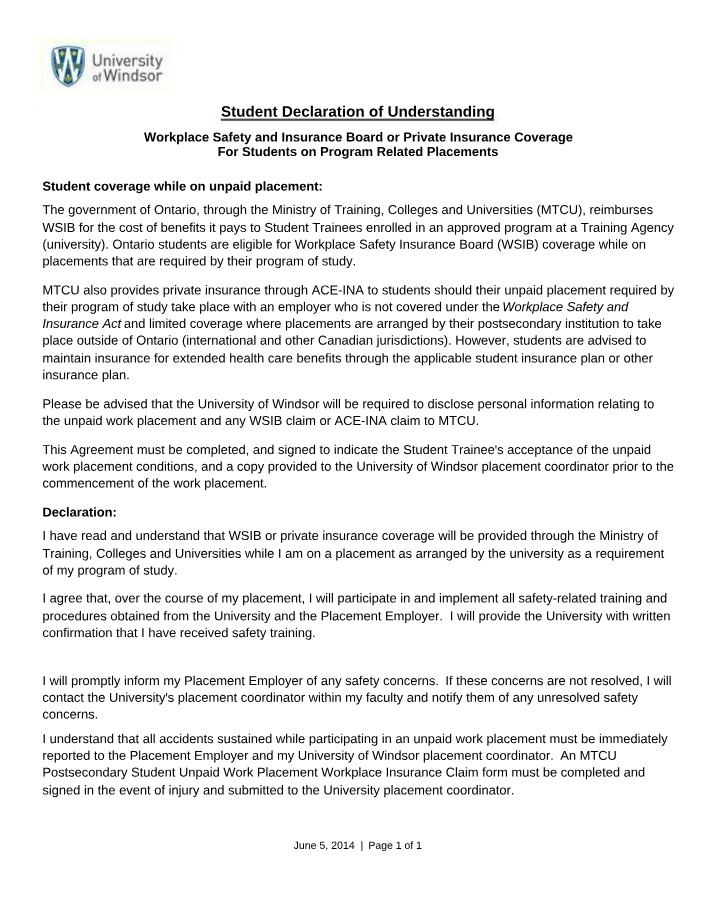 Declaration of Understanding - Workplace Safety and Insurance Coverage for Program Related Placements
