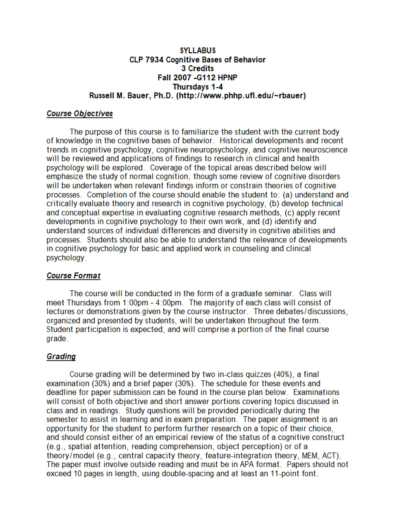 Syllabus for Cognitive Bases of Behavior