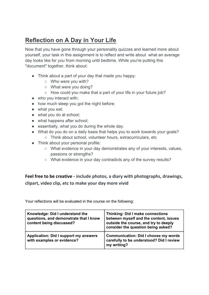 Assignment - Reflection on a Day in Your Life