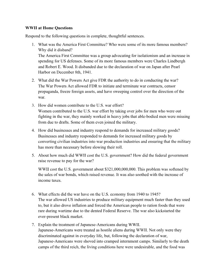 Questions on WWII at Home