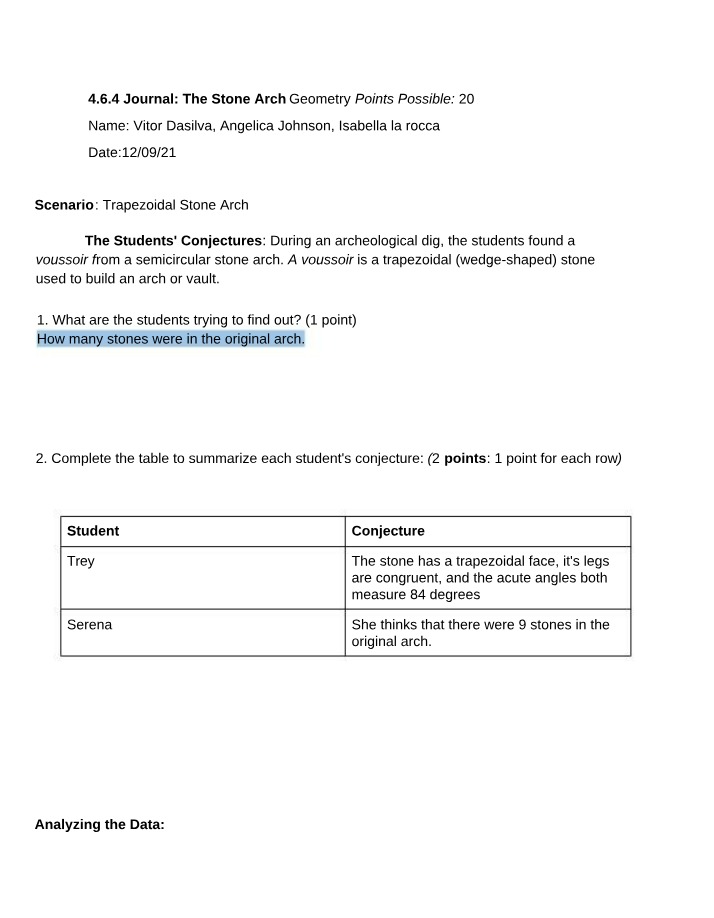 Worksheet for Stone Arch