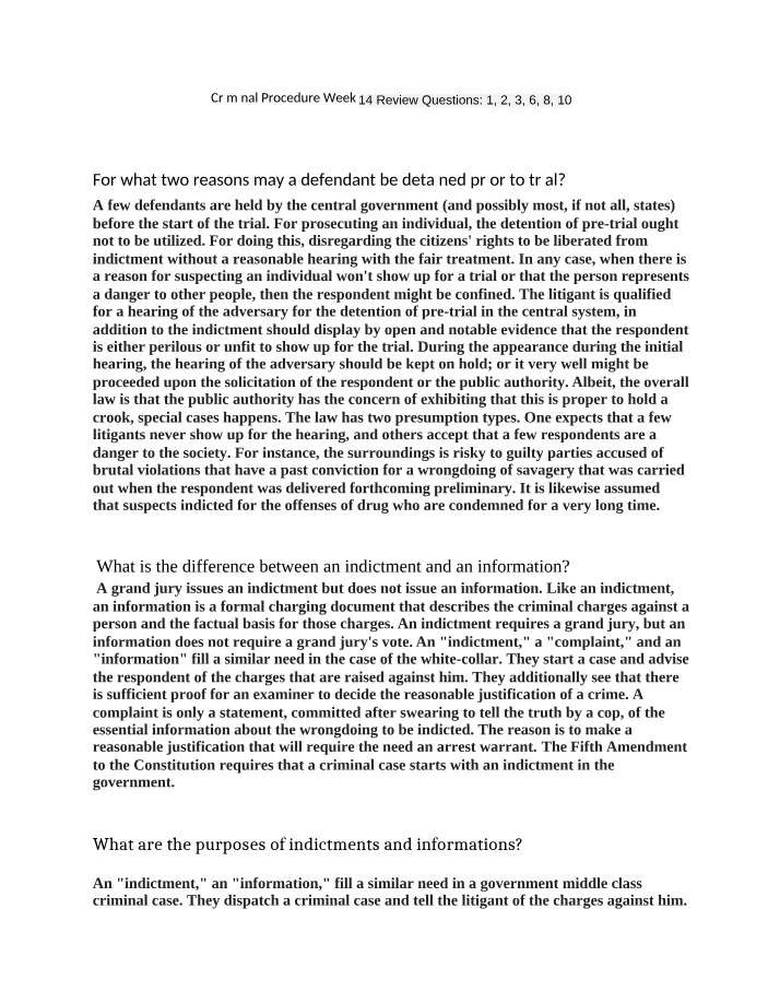 Week 14 Review Questions - Criminal Procedure