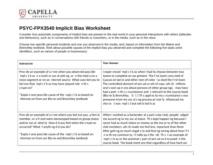 Implicit Bias Worksheet for NURSFPX3540