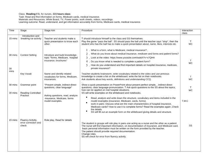 Class Plan - ESL Reading for Nurses