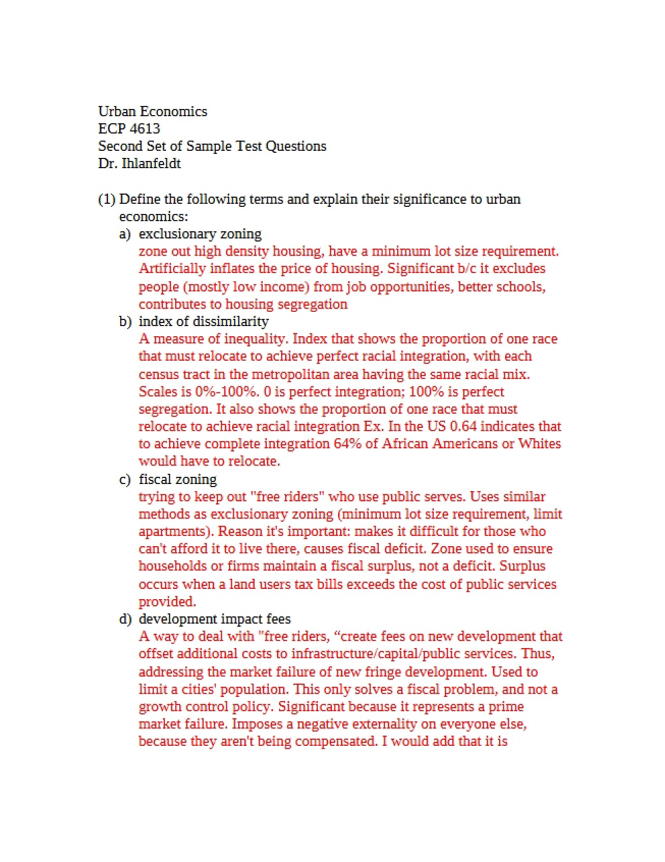Urban Economics Course Study Guide