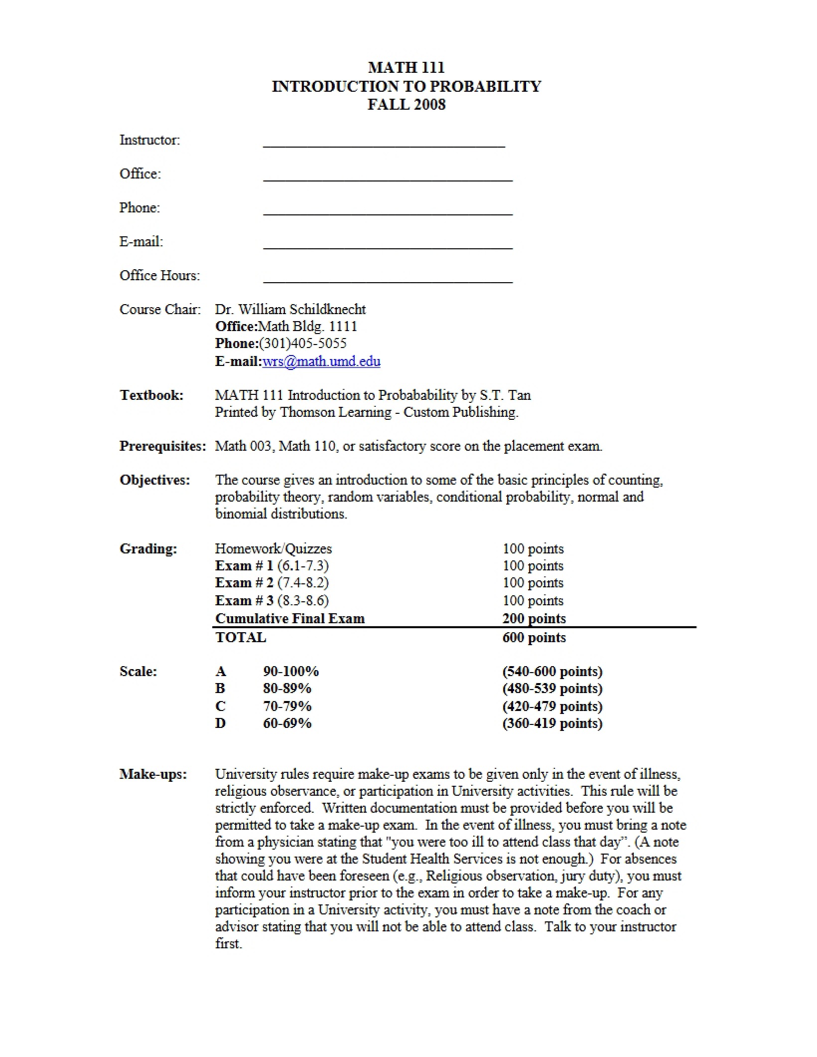 Probability Course Syllabus