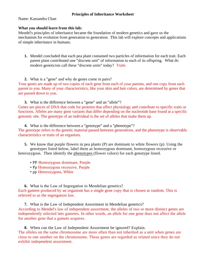 Worksheet on Principles of Inheritance