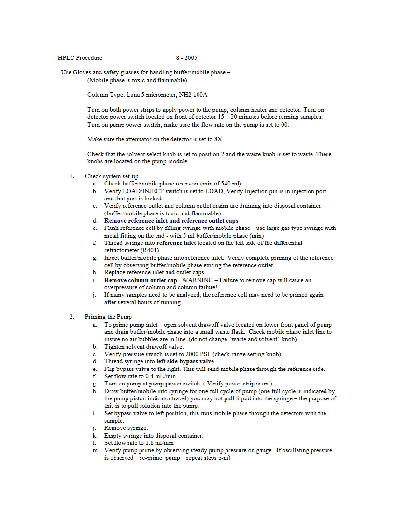 Procedure for HPLC