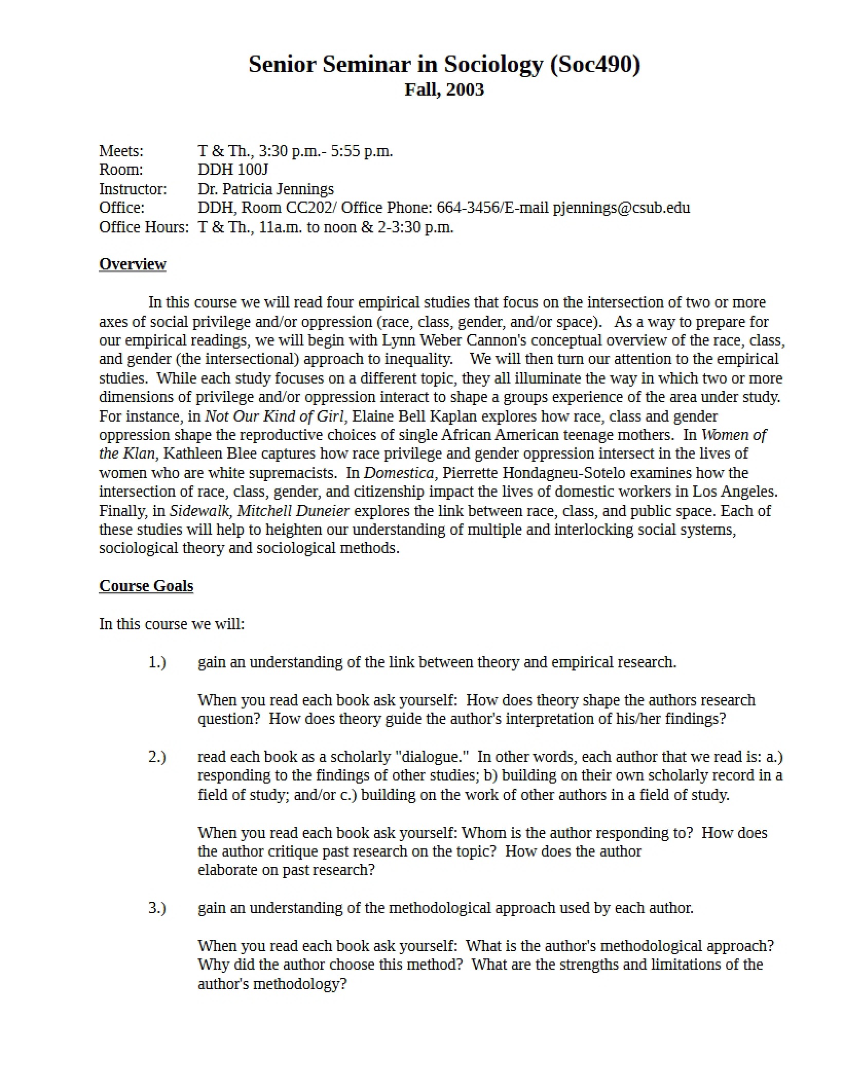 Syllabus for Sociology Senior Seminar