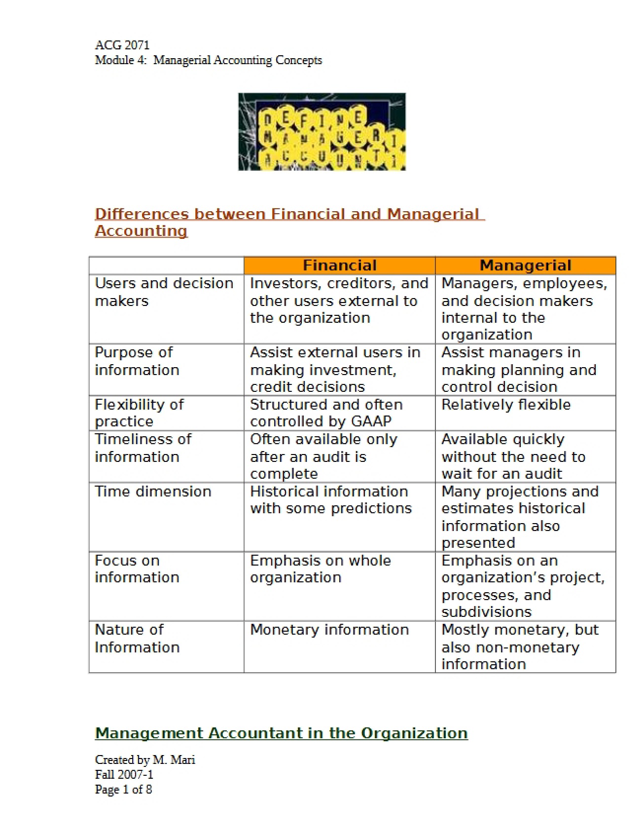 Managerial vs Financial Accounting Differences