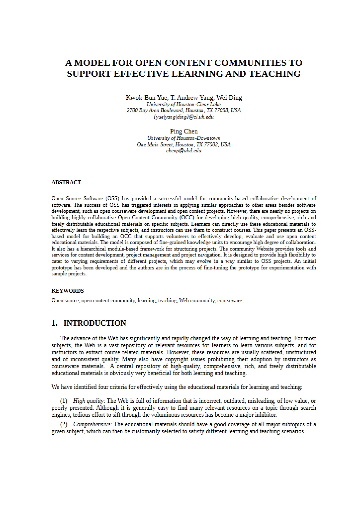 Model for Open Content Communities in Learning and Teaching