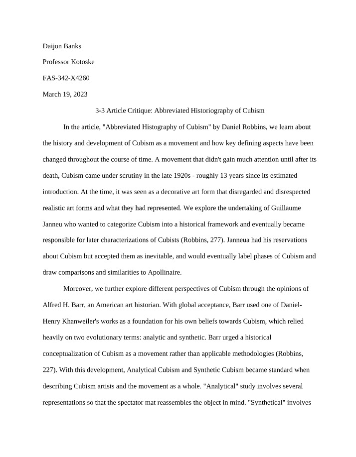 3-3 Abbreviated Historiography of Cubism - Article Critique