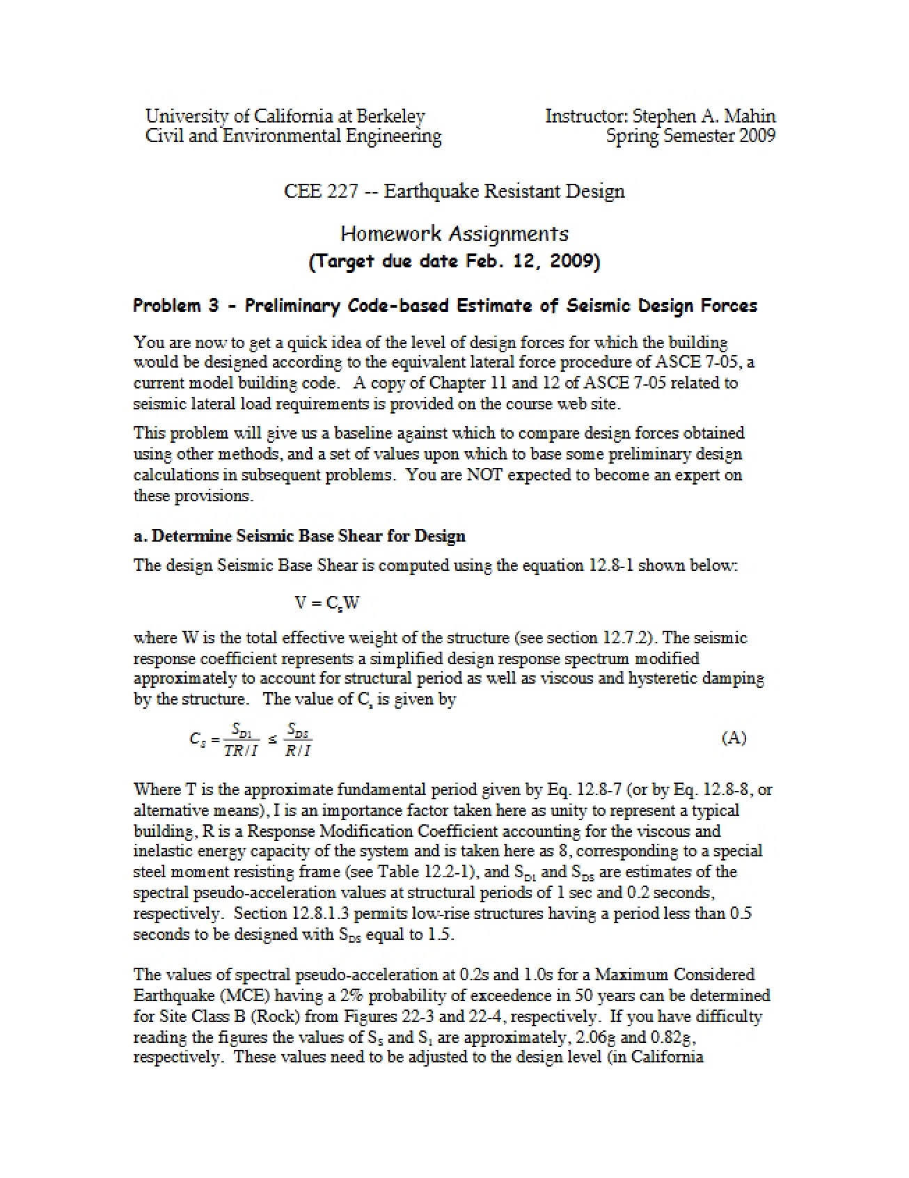 Seismic Design Forces Preliminary Code Estimates