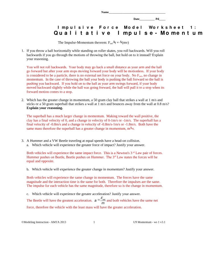 Worksheet 1 - Impulse-Momentum Theorem with Examples and Qualitative Model