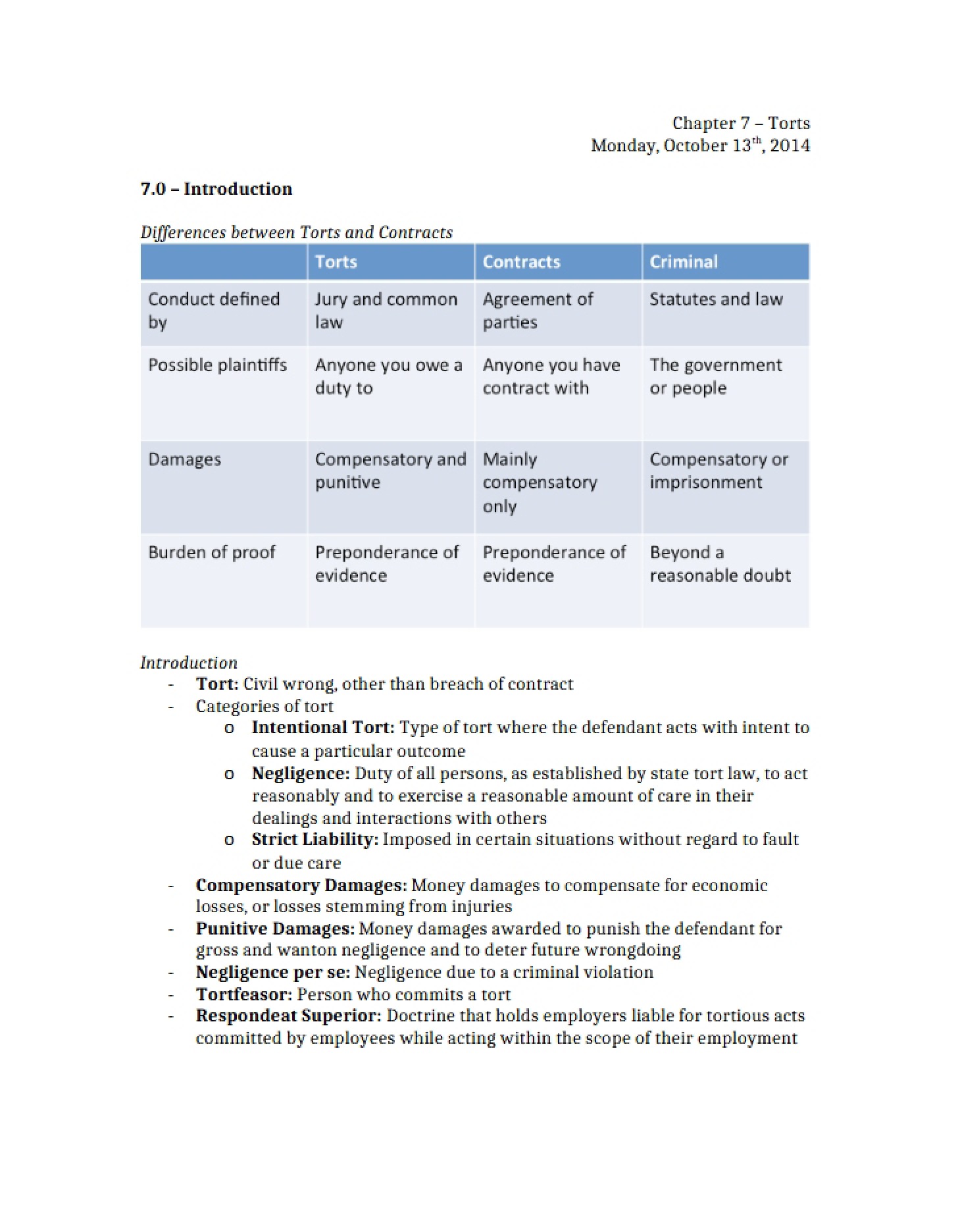 Torts and Liability (Chapter 7)
