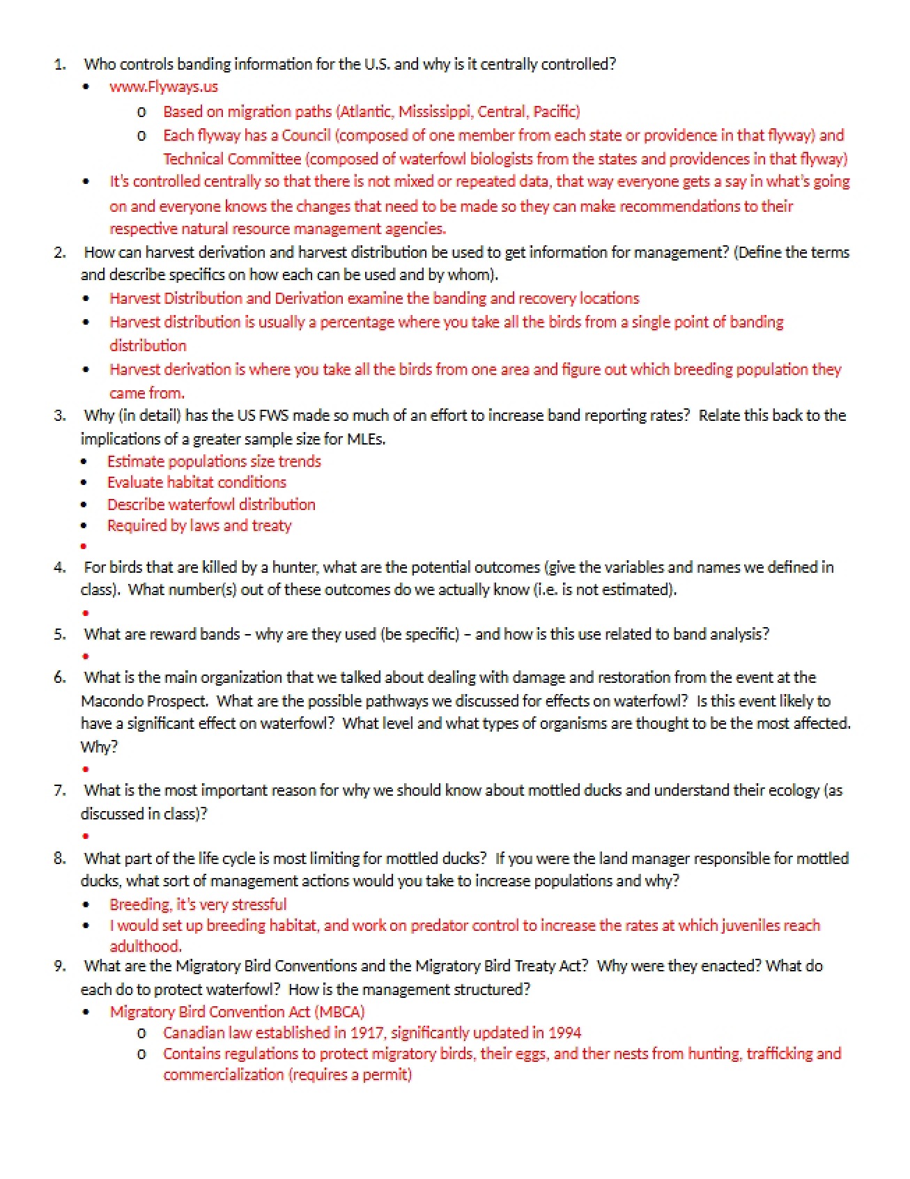 Study Guide Questions for the Final Exam on Waterfowl