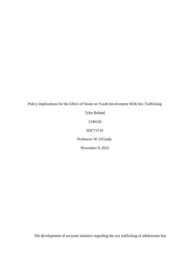 Youth Involvement in Sex Trafficking - The Impact of Strain