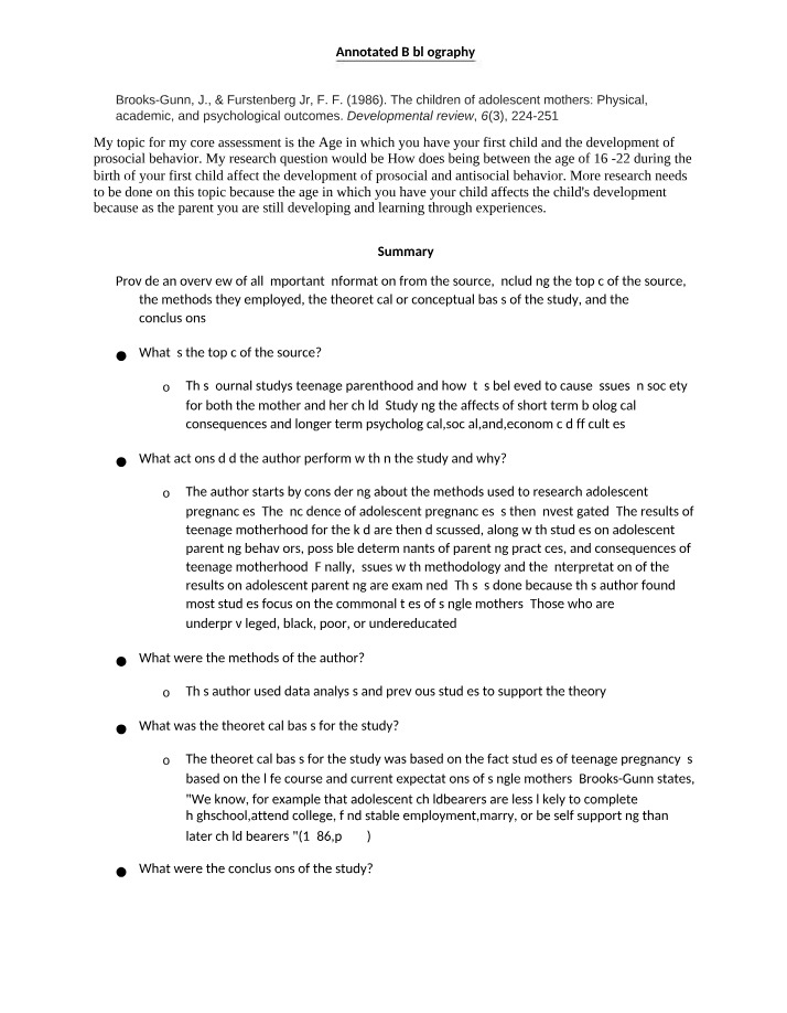 Impact of Teenage Parenthood on Child Development - Annotated Bibliography