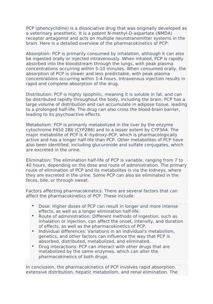 Pharmacokinetics of PCP Absorption
