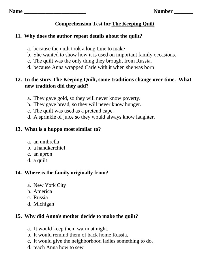 The Keeping Quilt - Comprehension Test
