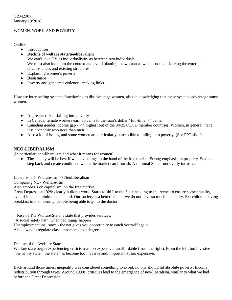 Notes - Women, Work and Poverty