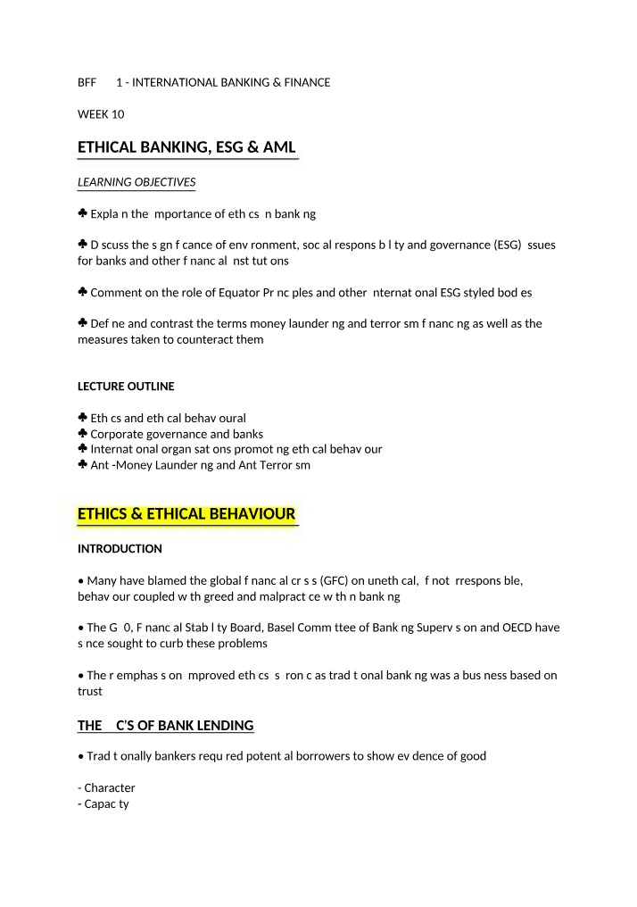 Week 10 Ethics - ESG, Lending, and Anti-Money Laundering