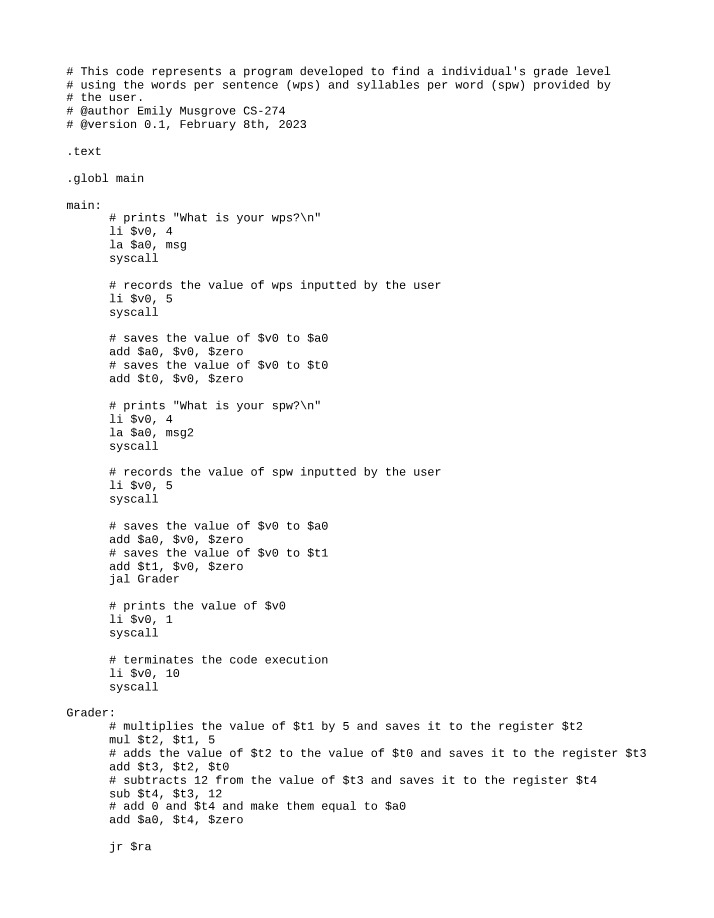Grade Level Calculation Program Based on Words per Sentence