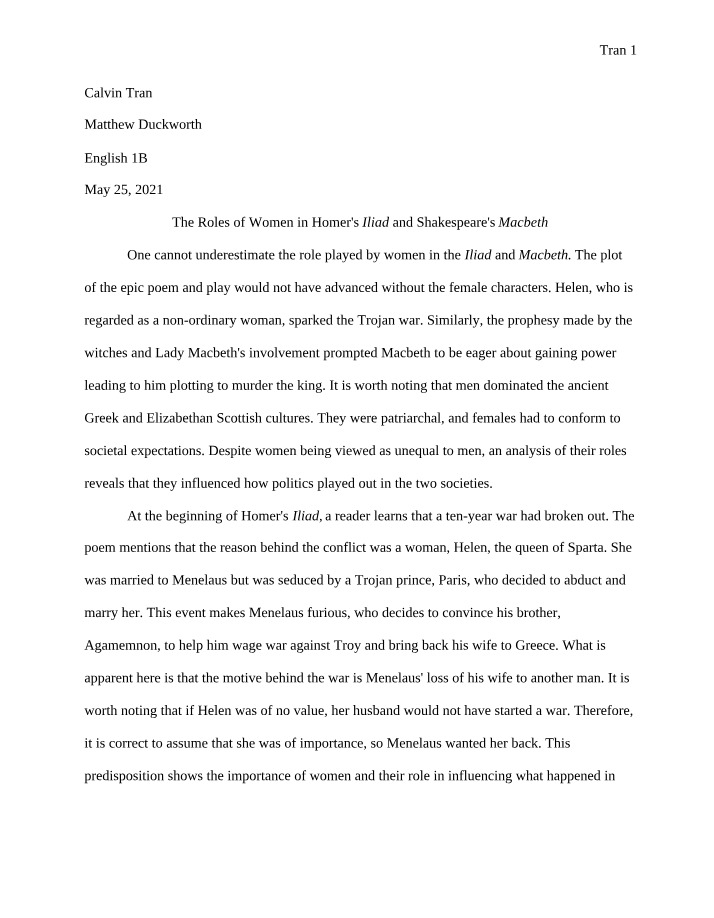 Women in Homer's Iliad and Shakespeare's Macbeth