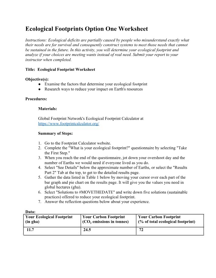 Worksheet - Ecological Footprint