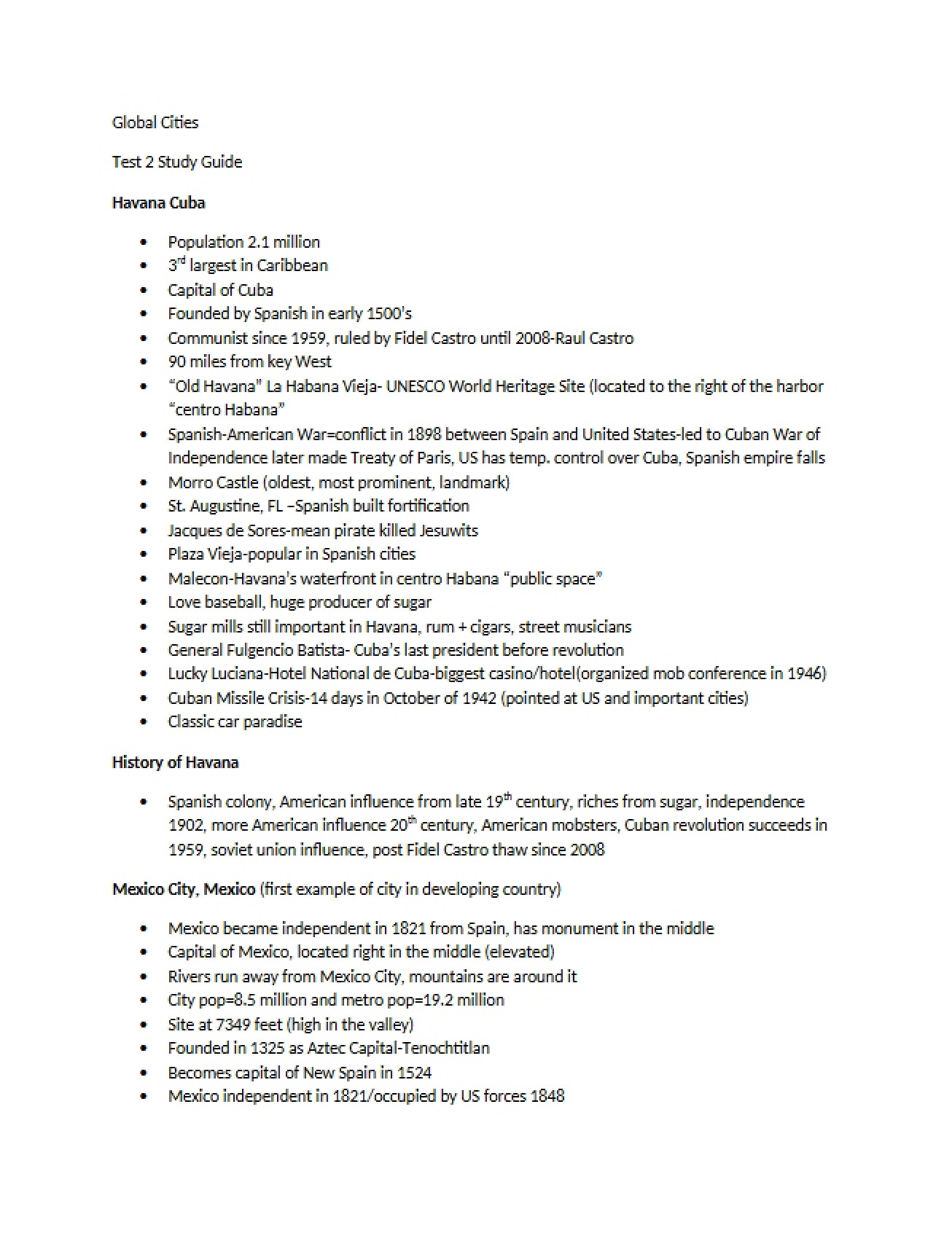Study Guide for the Second Test in Global Cities