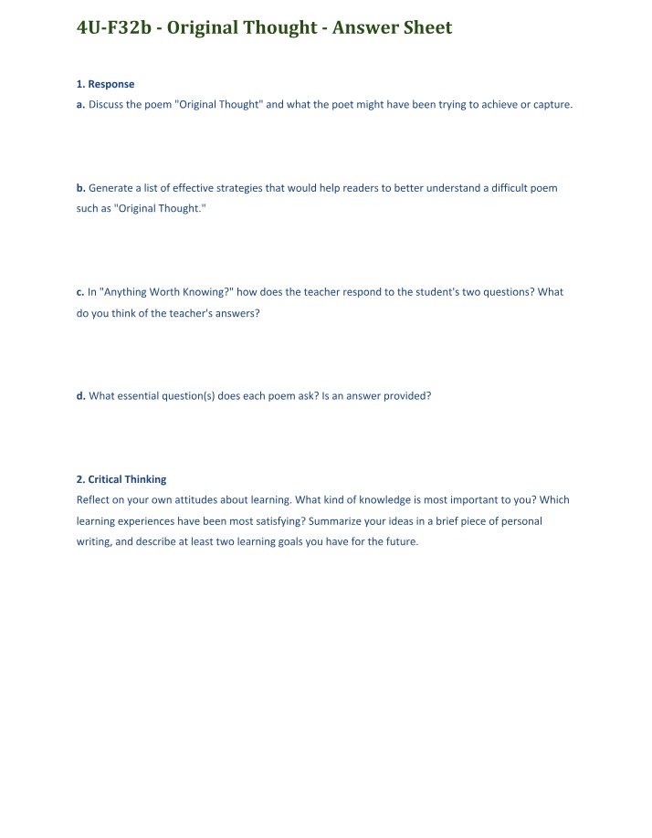 Answer Sheet for Original Thought