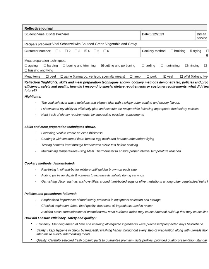 Reflective Journal and Veal Schnitzel Recipe