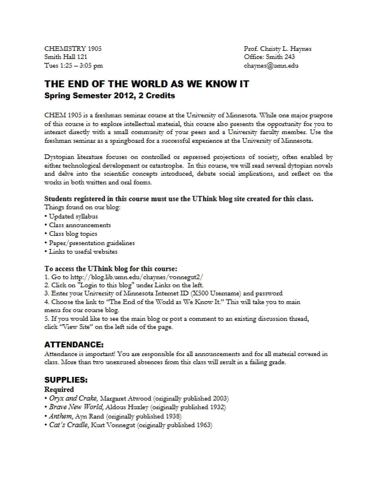 Syllabus for Freshman Seminar