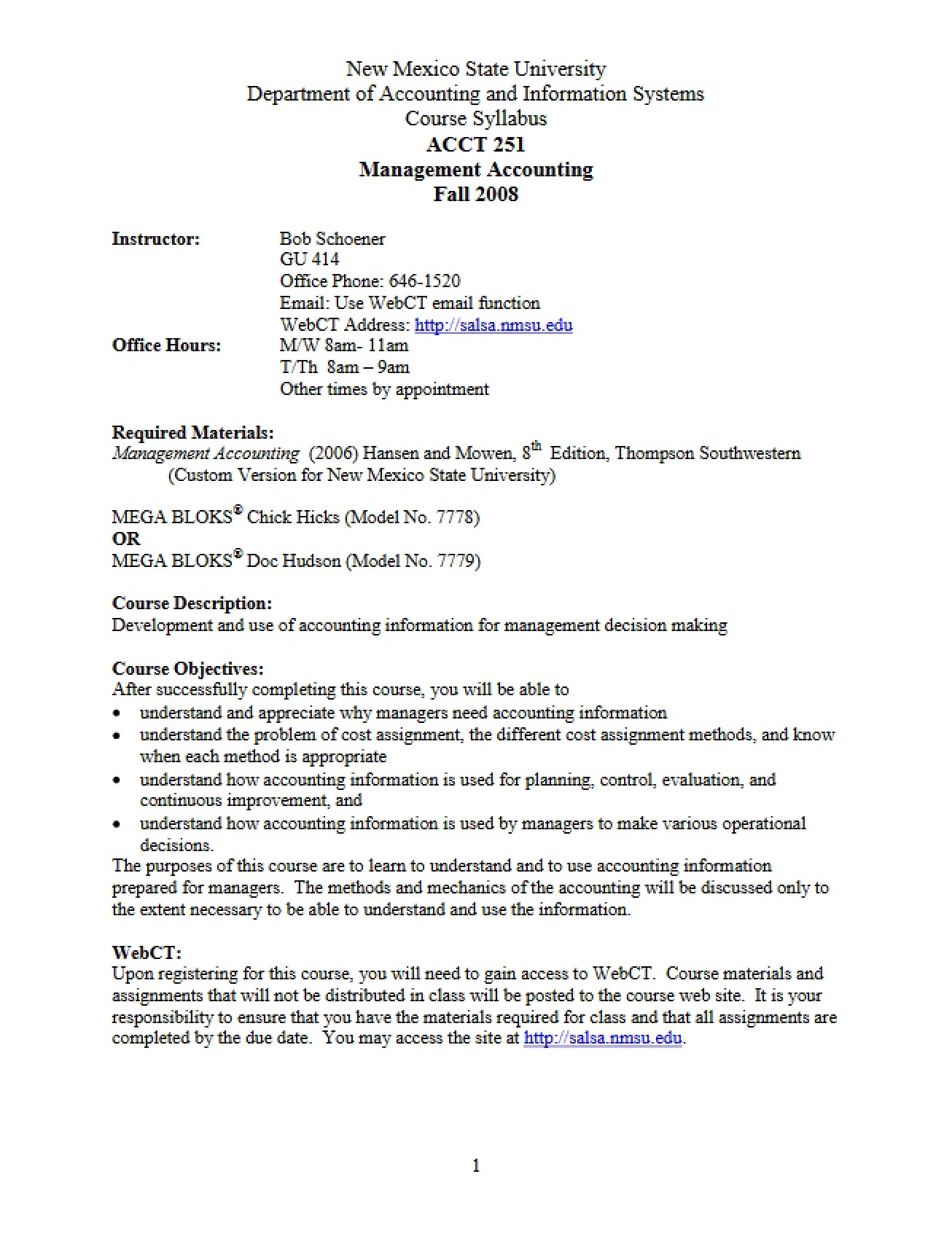 Management Accounting Syllabus - Fall 2008 - Bob Schoener