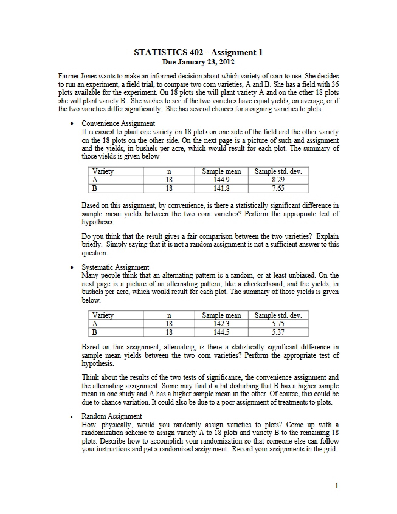First Assignment in Statistical Design and Analysis of Experiments