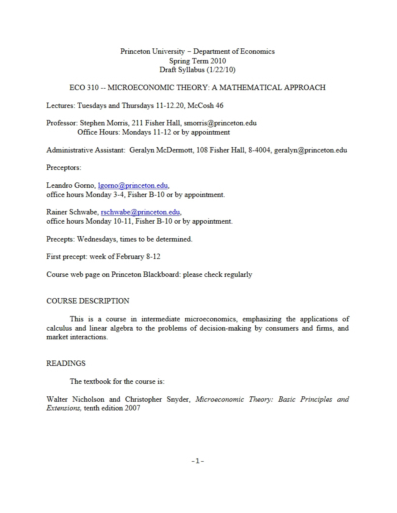 Mathematical Econometrics Syllabus