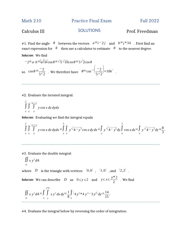 Calculus III Practice Final Exam - Vectors and Integrals