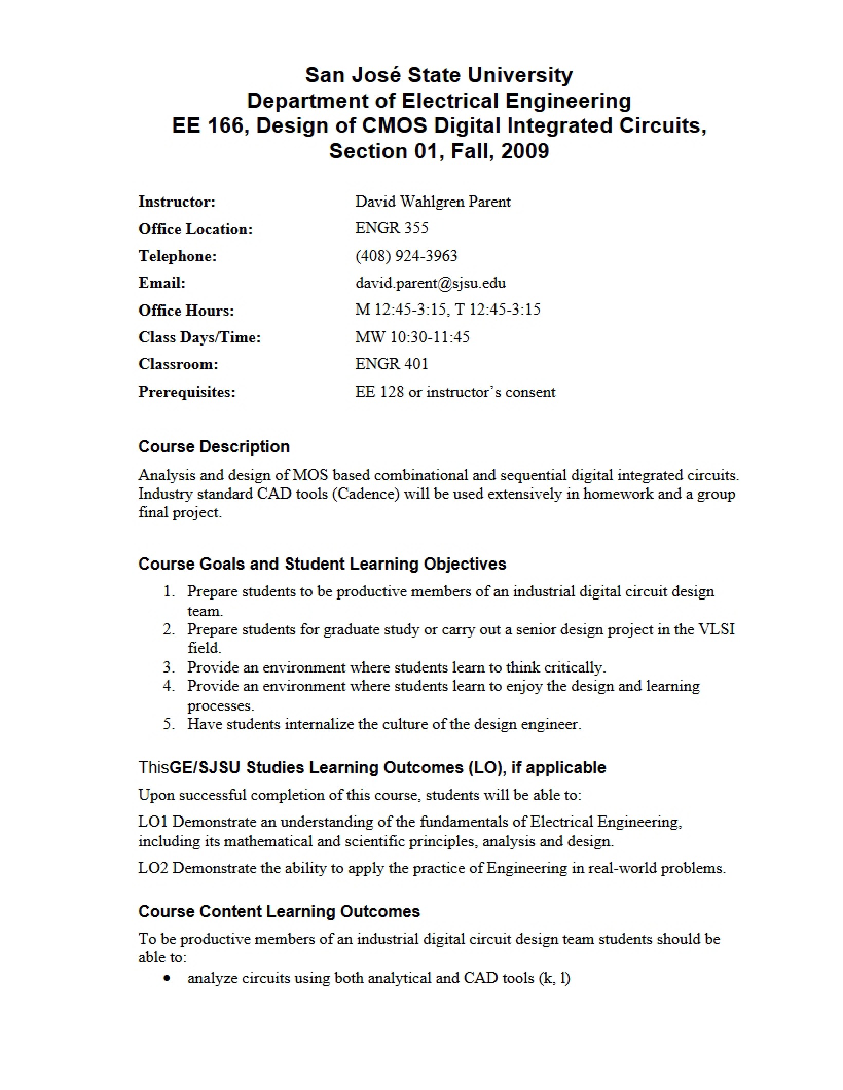 EE 166 Course Syllabus