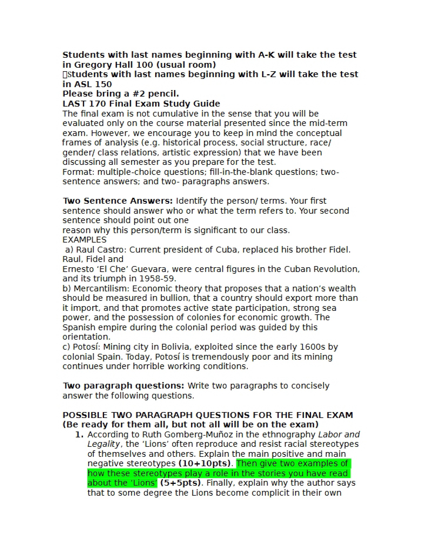 Study Guide for LAST Final
