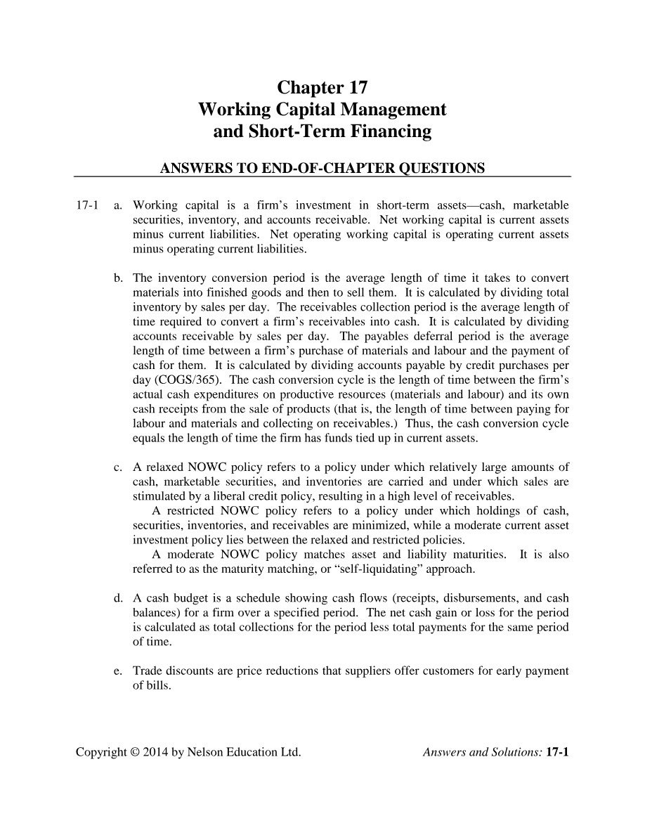 Working Capital Management and Short-Term Financing - Solutions