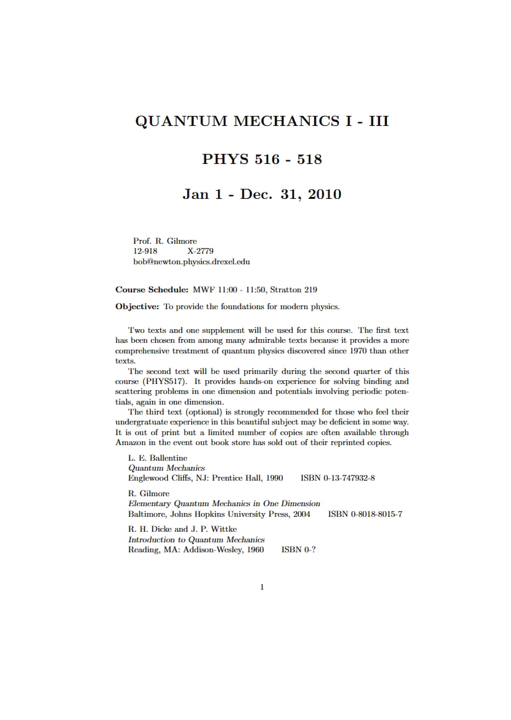 Syllabus for Quantum Mechanics I