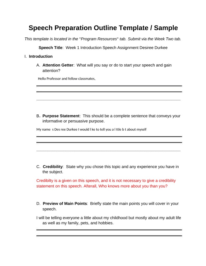 Speech Preparation Outline - Sample and Template