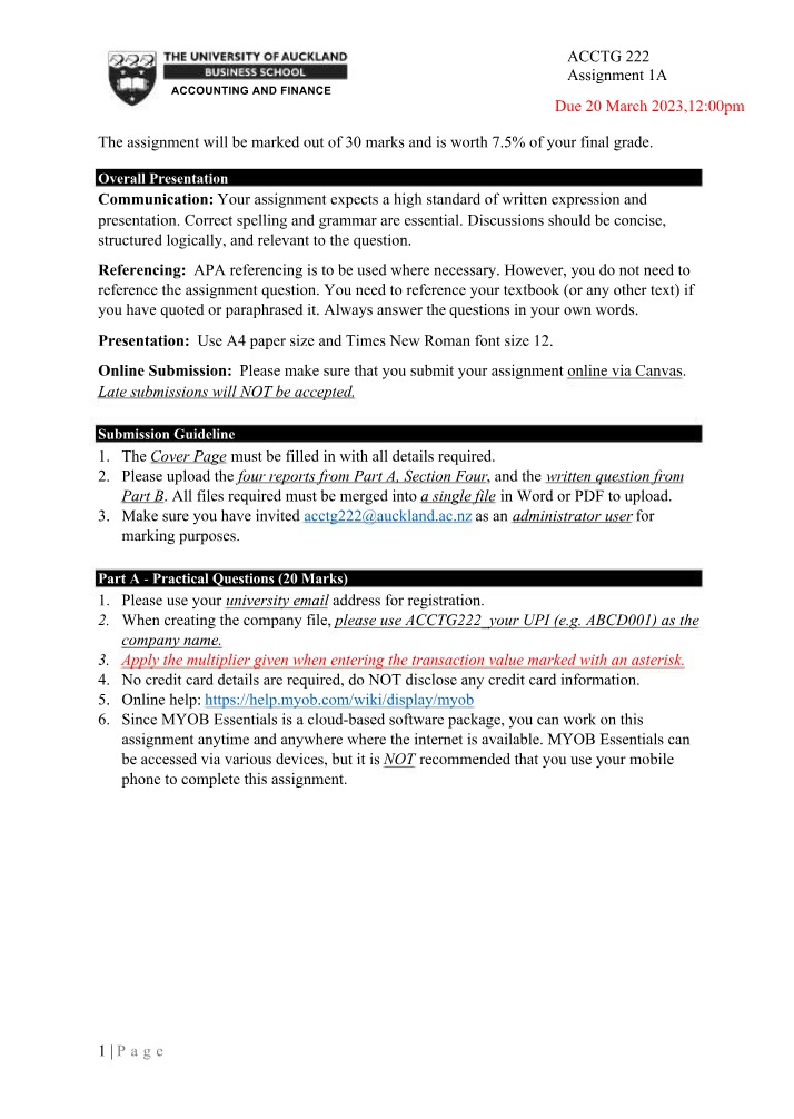 Assignment Presentation and Submission - Accounting and Finance