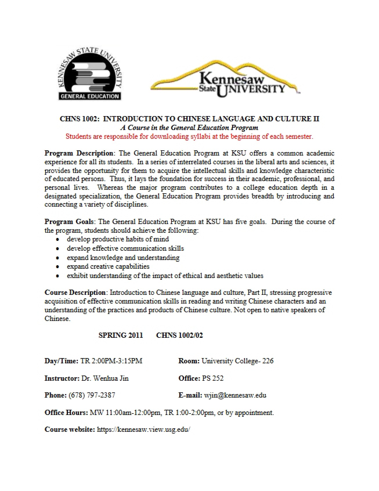 Syllabus for a Course on the Second Part of Introduction to Chinese Language and Culture