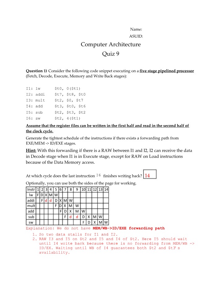CSE 420 - Quiz 9 Solutions
