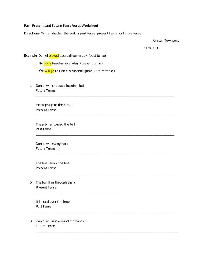 Worksheet on Verb Tense