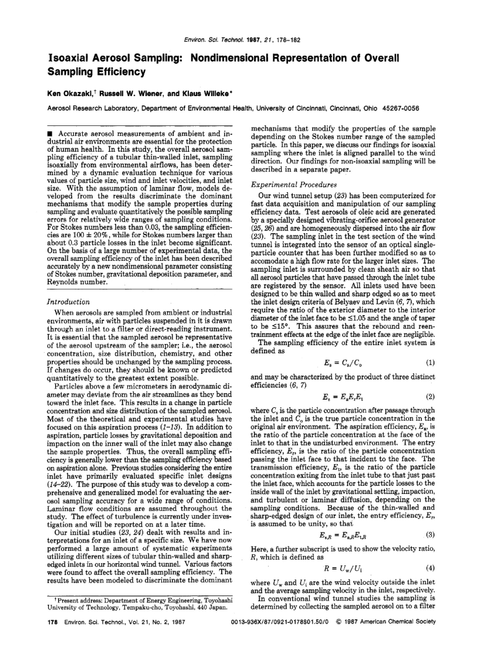 Sampling Efficiency Nondimensional Isoaxial Aerosol Sampling