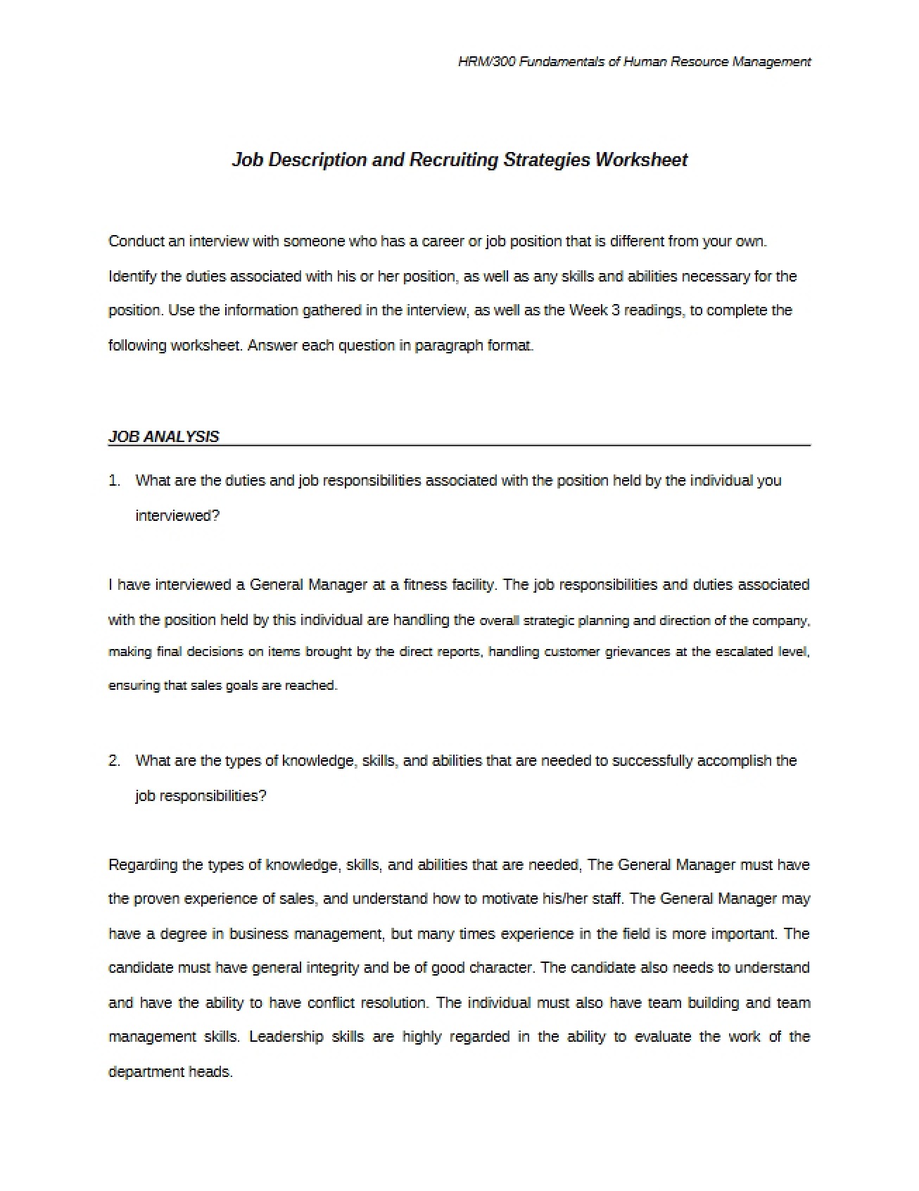 Worksheet Recruiting Strategies and Job Descriptions