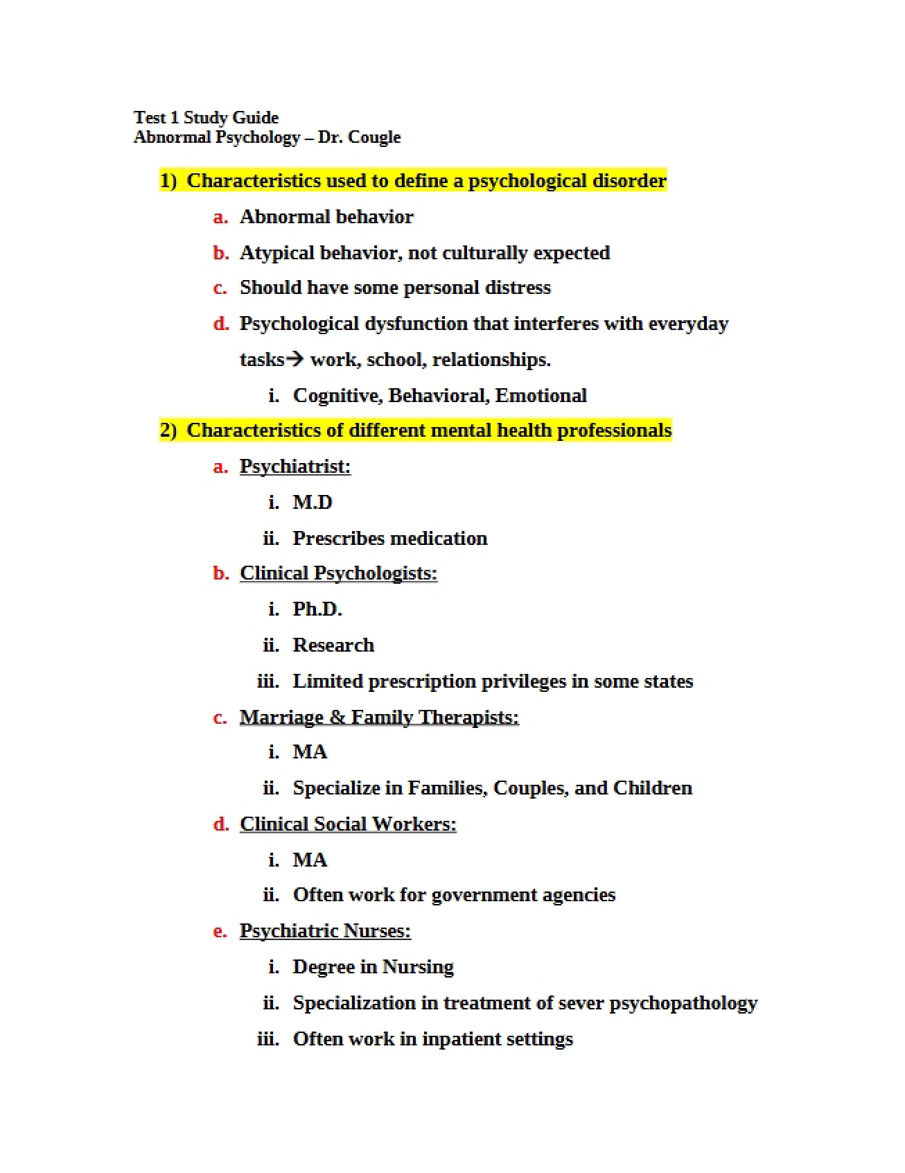Study Guide for Test One